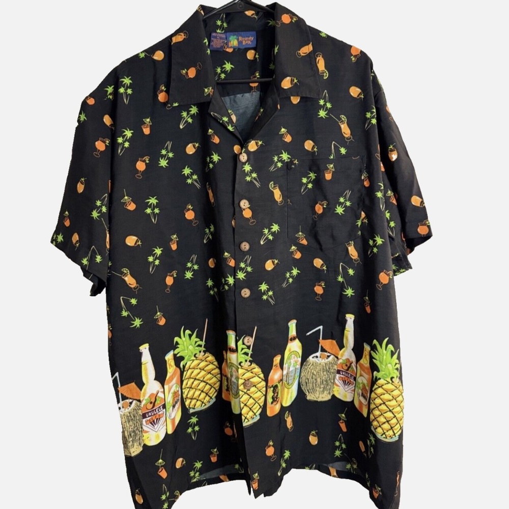 Roundy Bay Mens Black Beer Alcohol Vacation Summer Button Up Shirt Top Size XL